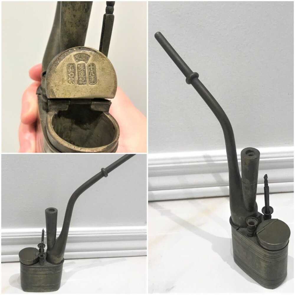 Collectible Antique Chinese Paktong Water Pipe Tobacciana 廣東十八舖陳蓮記